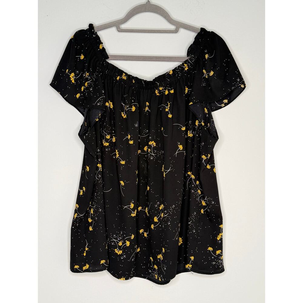 CeCe Black Yellow Floral Boat Neck CapSleeve Peasant Top 2X Coquette Cottagecore